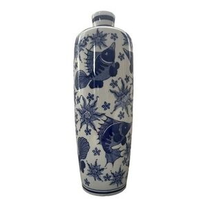 Vintage Chinese Blue White Porcelain Vase 12.5" Sea Fauna Fish Pattern Tall VG